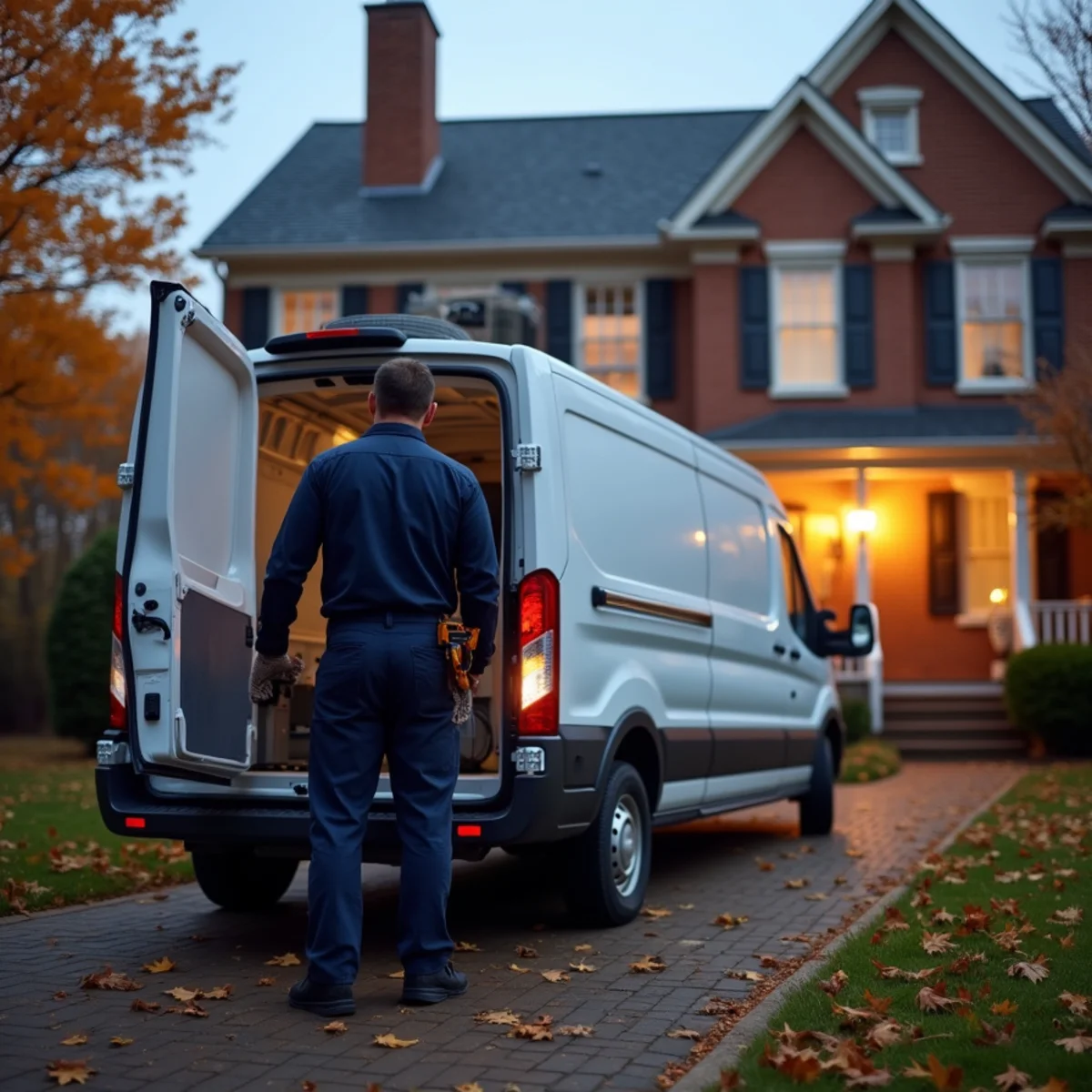 HVAC technician closing the doors of an unmarked service van outside a Blue Bell, PA home at dusk