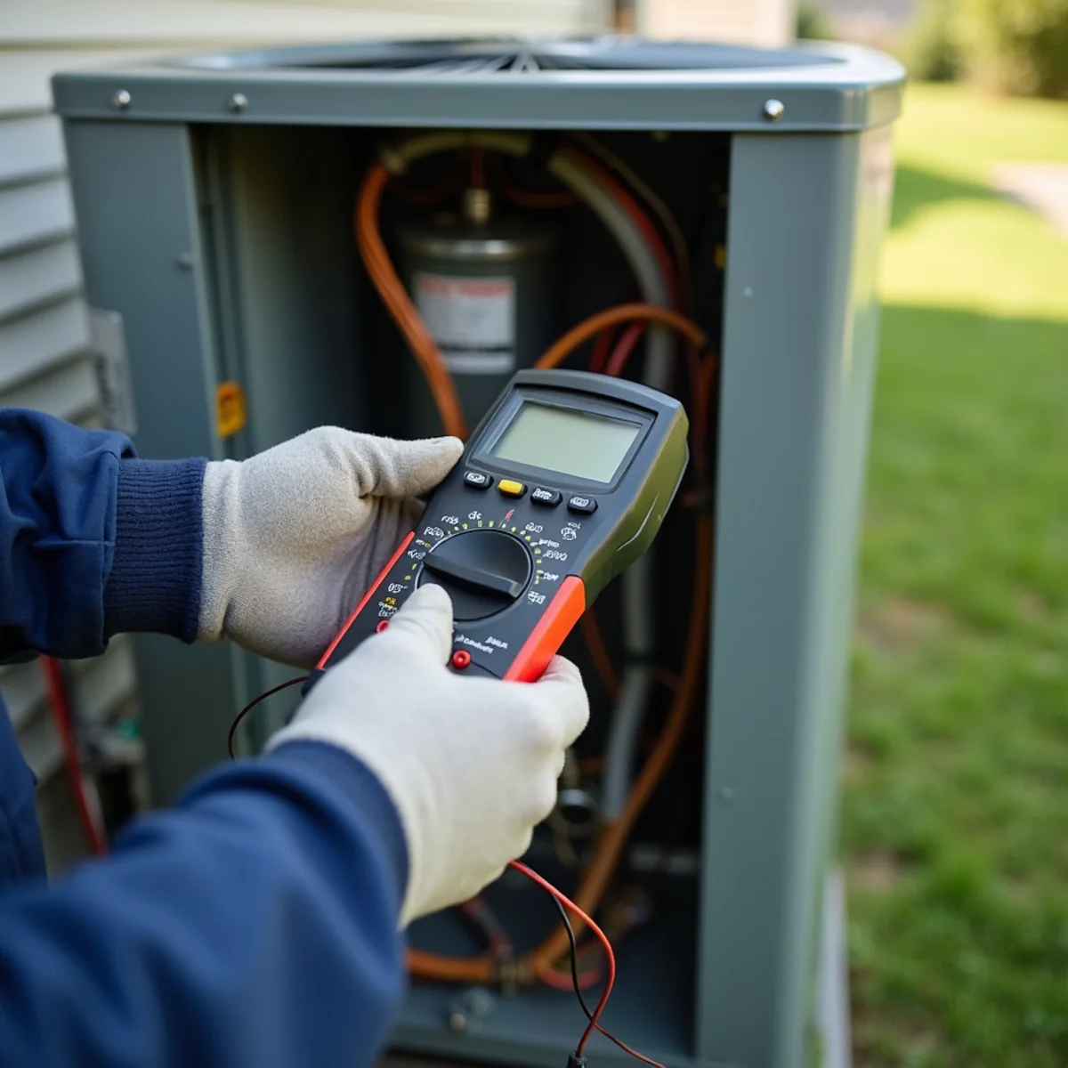 Technician testing a run capacitor inside an outdoor AC condenser at a Blue Bell, PA home