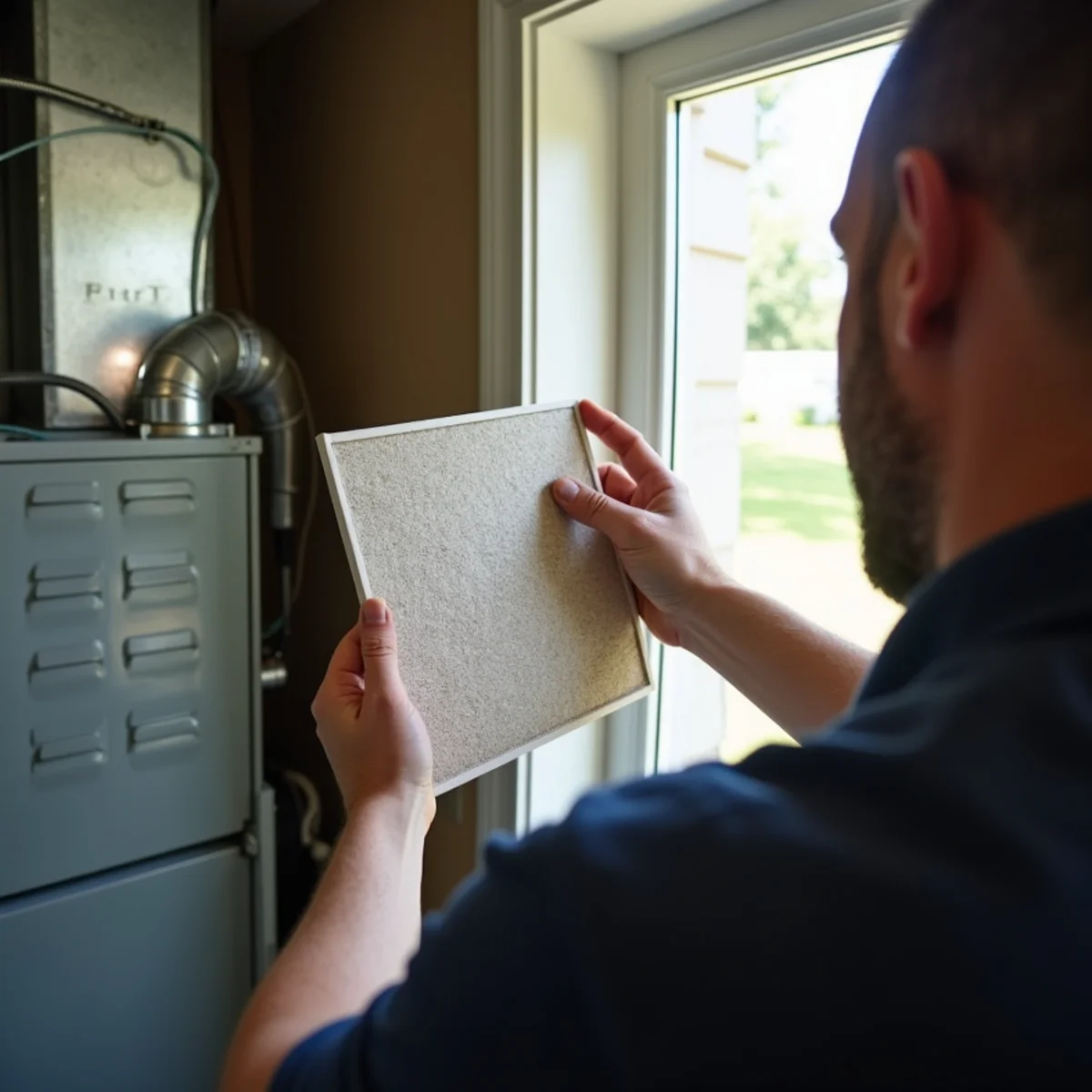 Holding a clogged air filter up to the window light beside a furnace and air handler