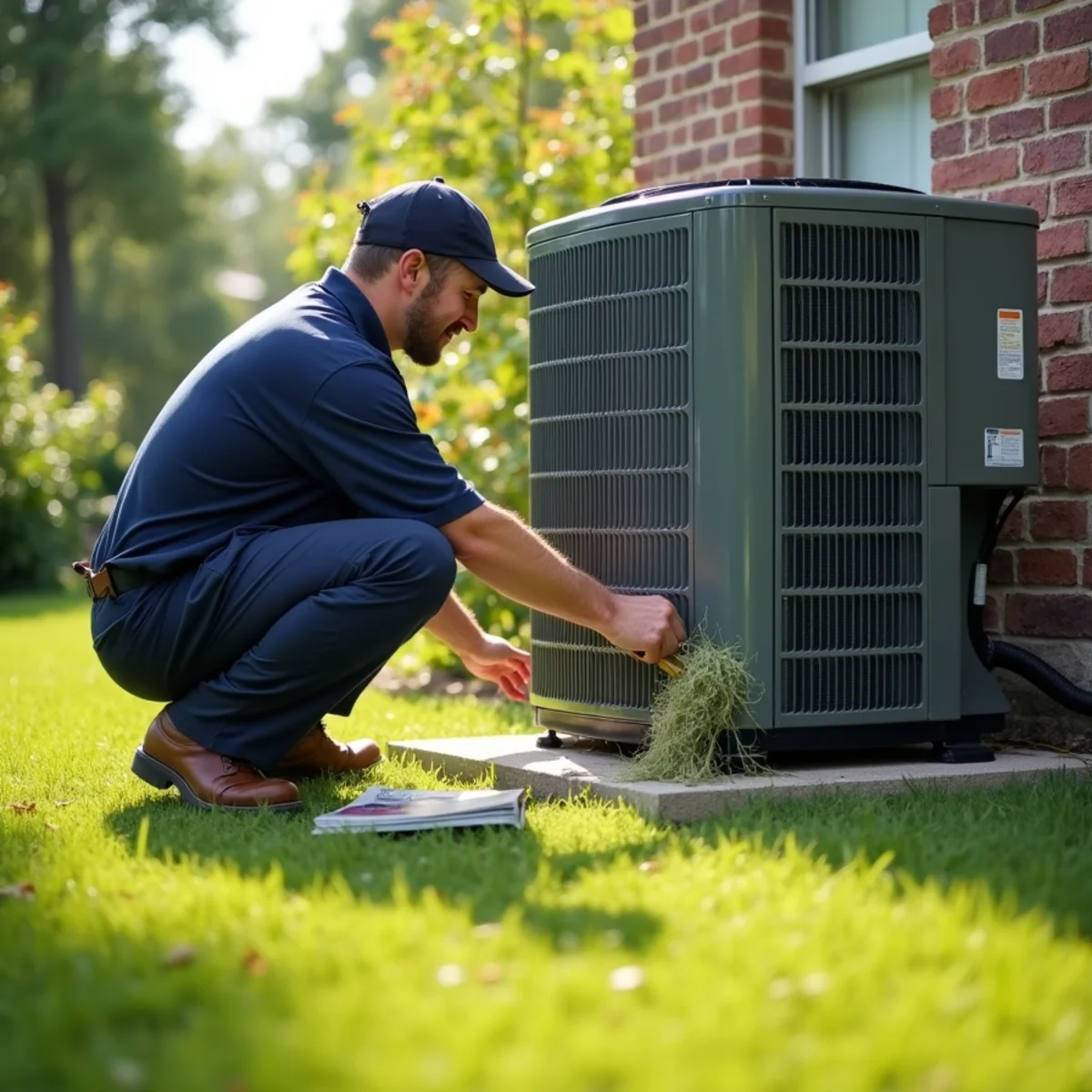Clearing grass clippings and debris from the coil of an outdoor AC condenser