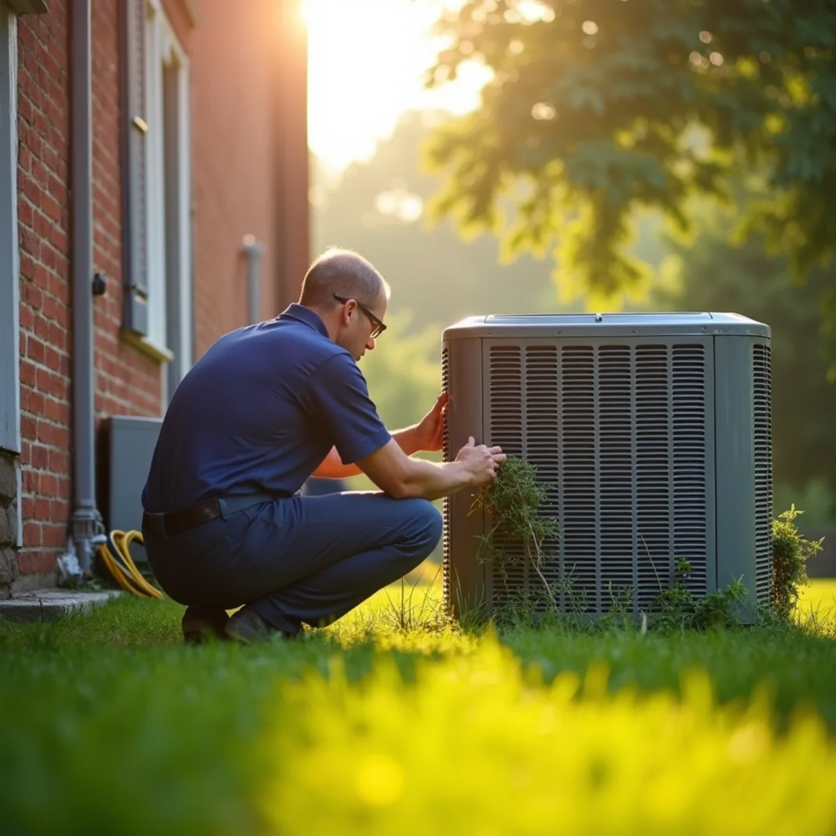 Technician checking an outdoor AC condenser beside a brick home on a hot summer afternoon near Phoenixville, PA