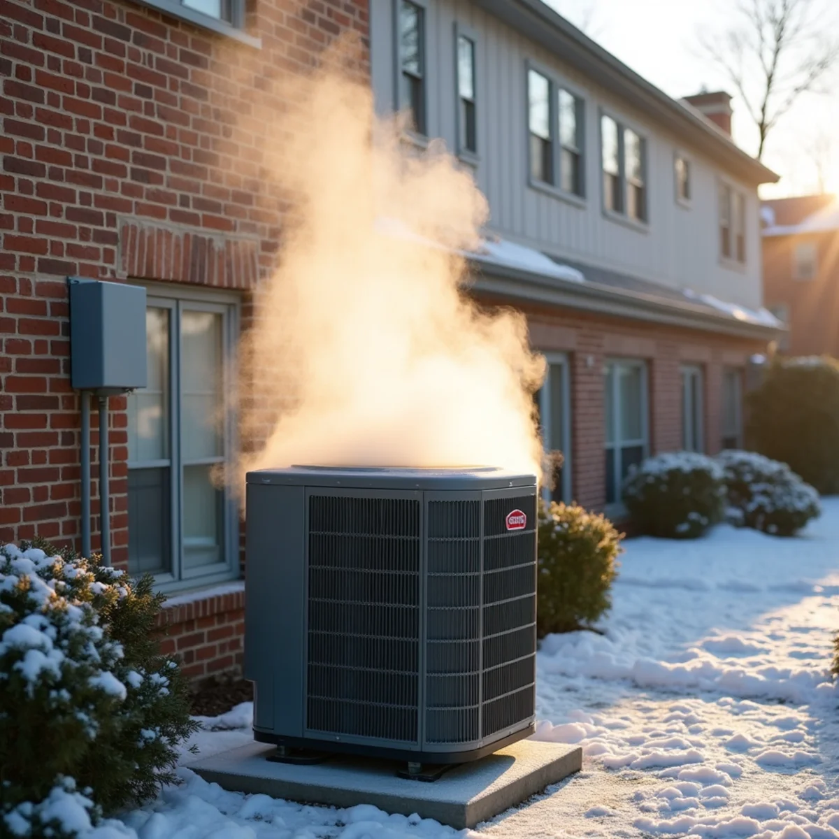 Outdoor heat pump steaming during a defrost cycle beside a snowy townhome patio in Blue Bell, PA