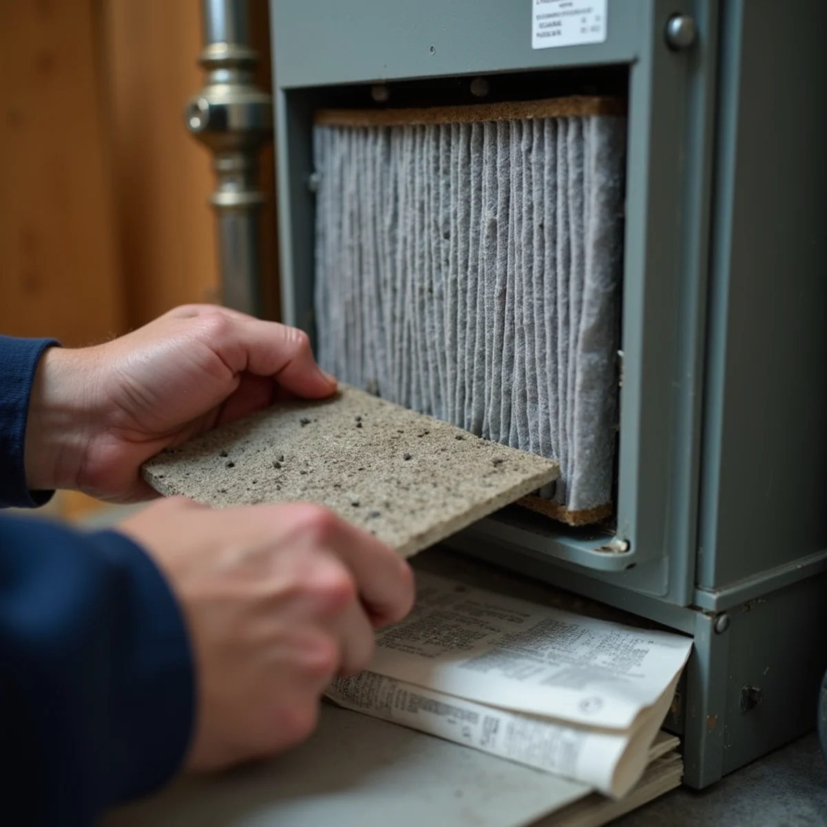 Clogged gray furnace filter being pulled from the filter slot of a gas furnace