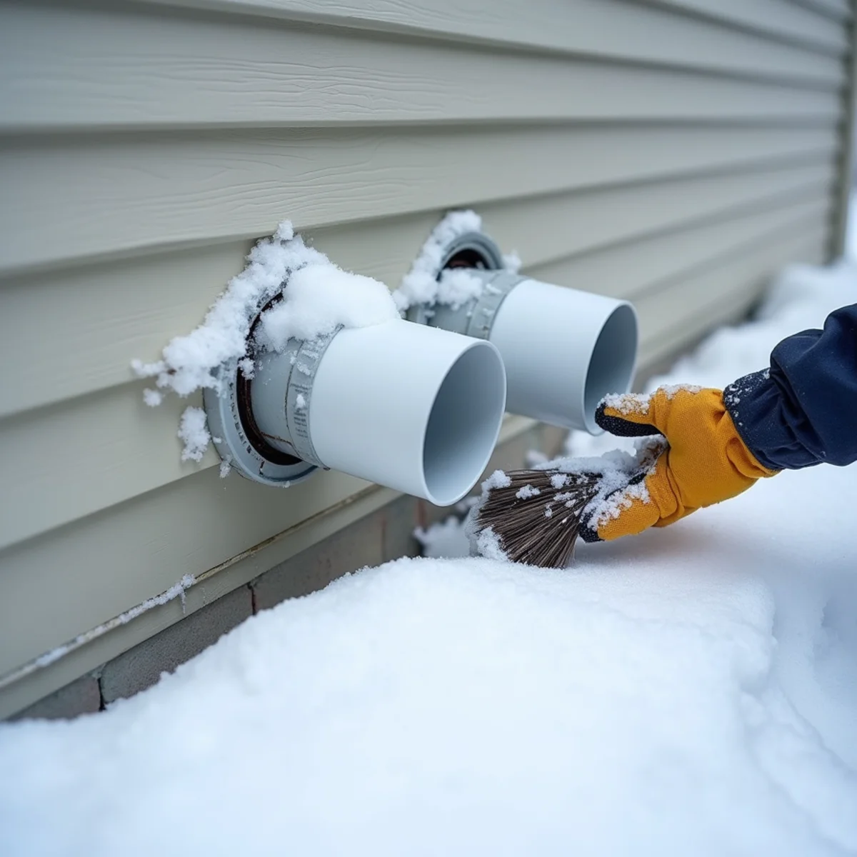 White PVC furnace intake and exhaust pipes being cleared of snow outside a Blue Bell, PA home