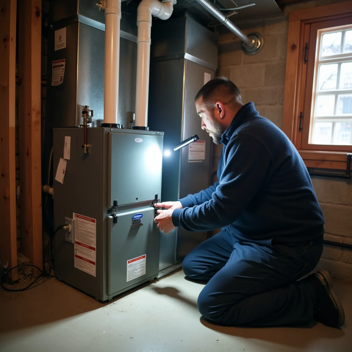 Flashlight check of a basement gas furnace on a cold morning in a Blue Bell, PA colonial