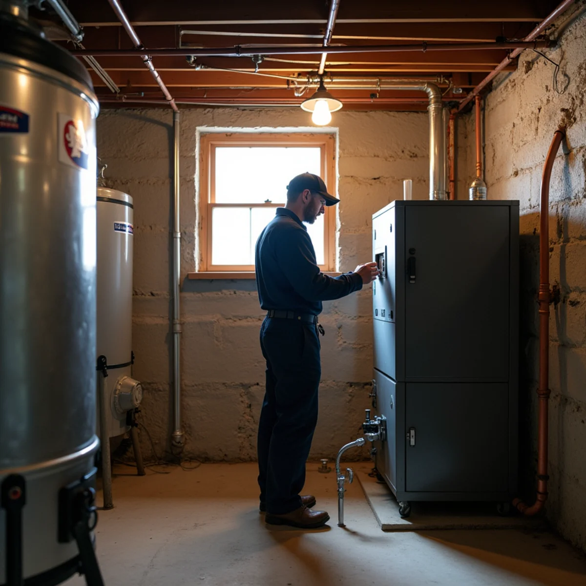Technician inspecting an oil-fired cast-iron boiler and basement oil tank in an older Norristown, PA twin