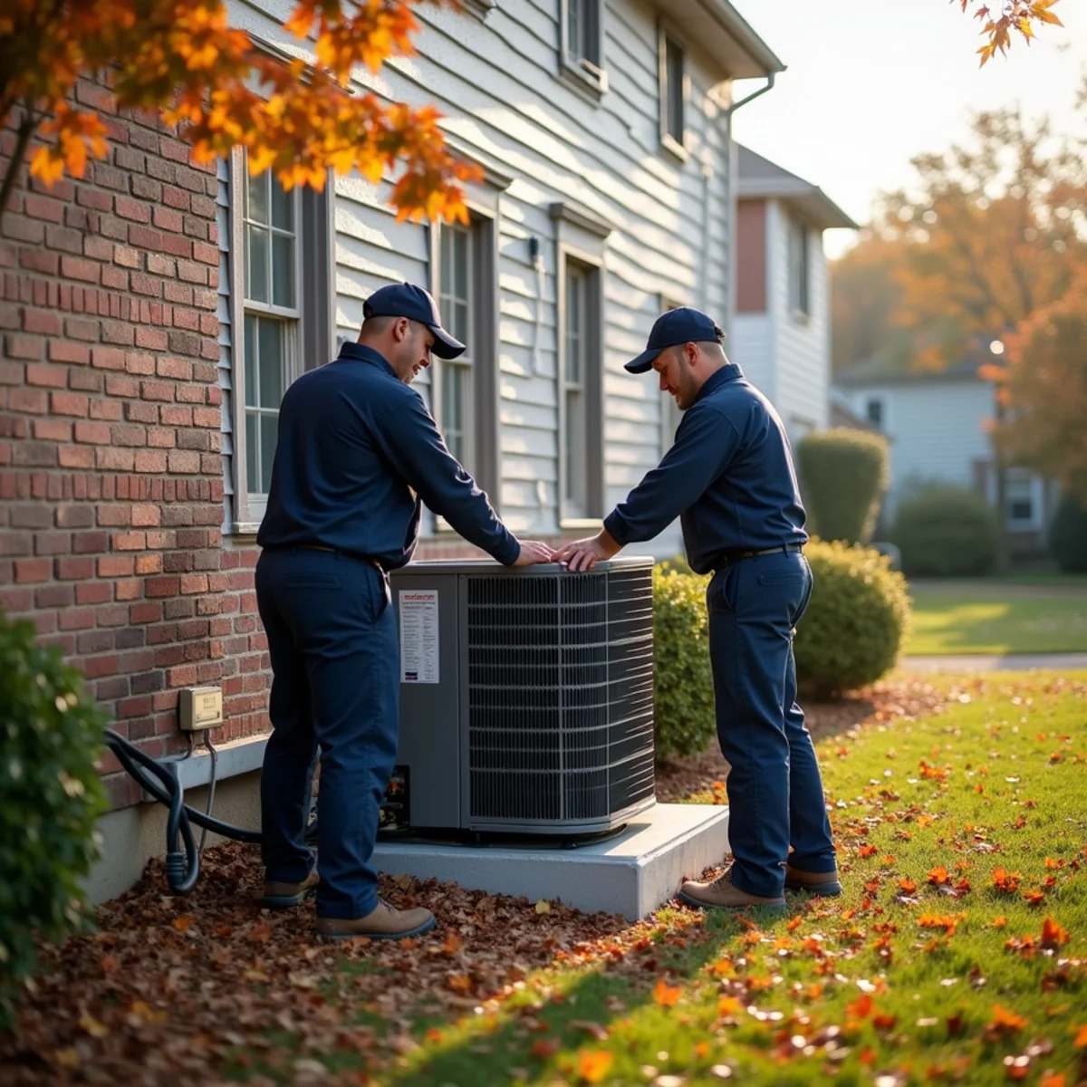 Two installers setting a new high-efficiency outdoor unit beside a Blue Bell, PA home in early fall