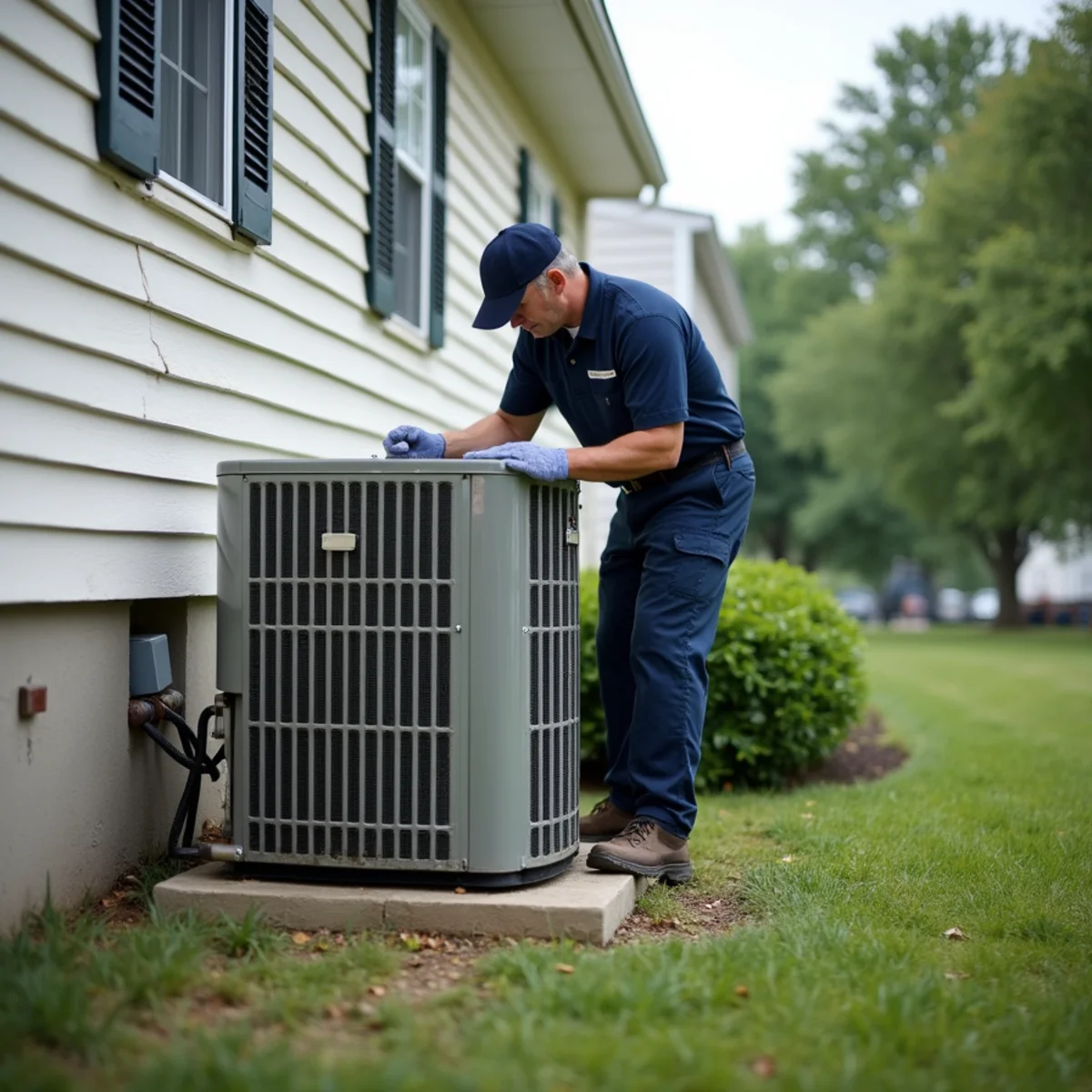 Technician inspecting an aging outdoor AC condenser beside a Blue Bell, PA home