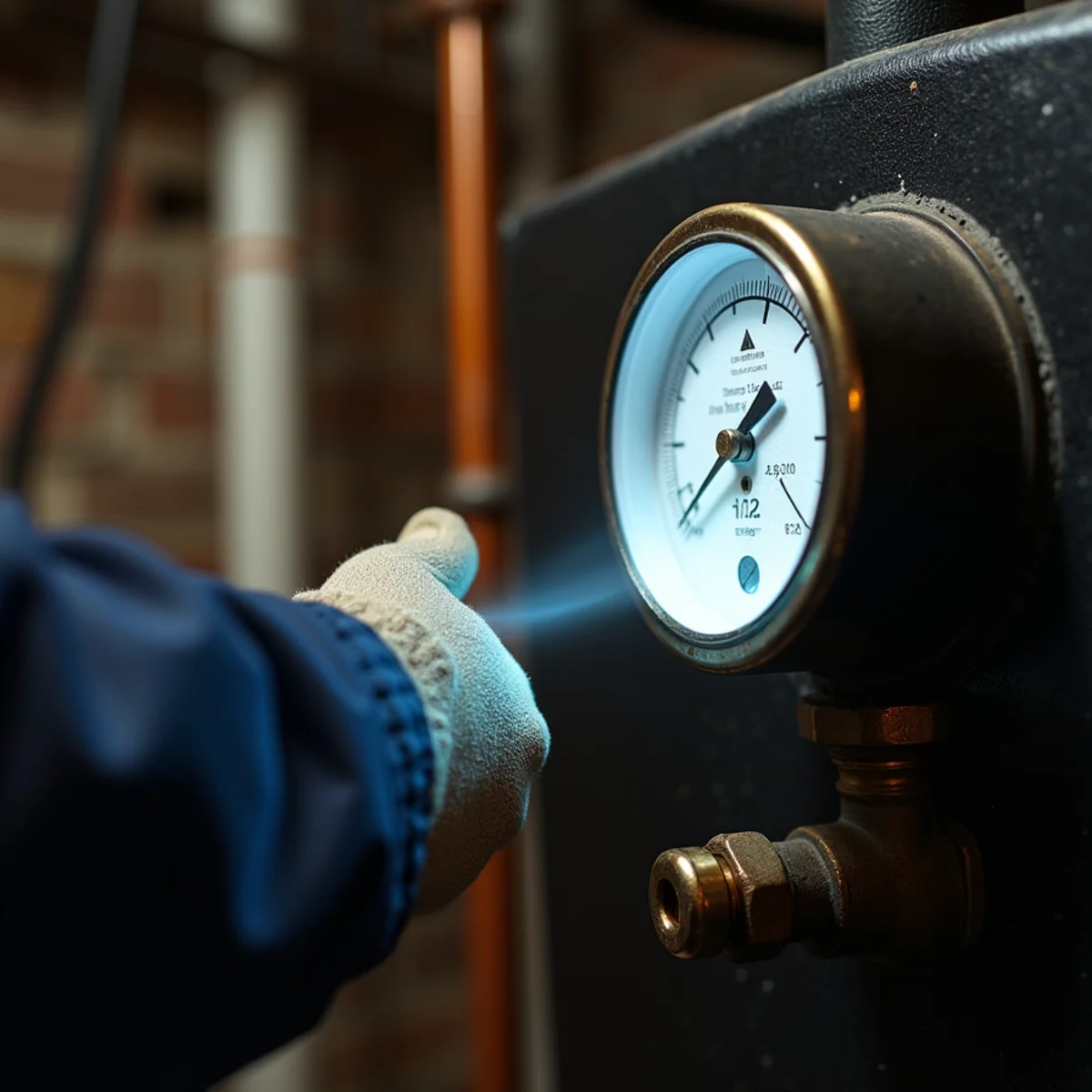 Technician checking the pressure gauge on a steam boiler by flashlight in an older home near Blue Bell, PA