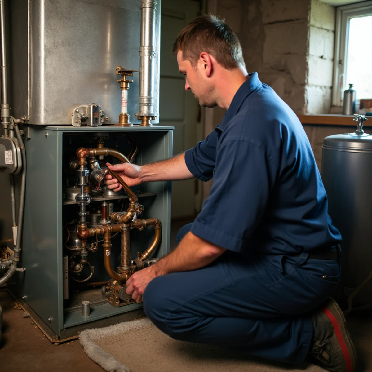 Technician servicing the burner piping of an oil-fired heating system in a basement near Blue Bell, PA