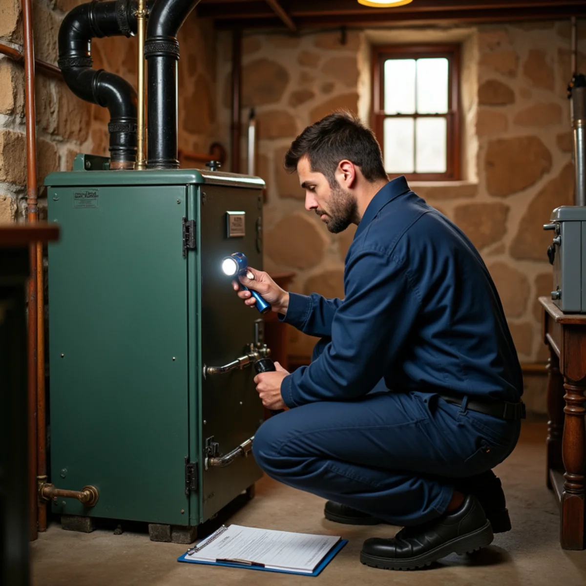 Technician checking a cast iron boiler in the basement of an older home near Blue Bell, PA