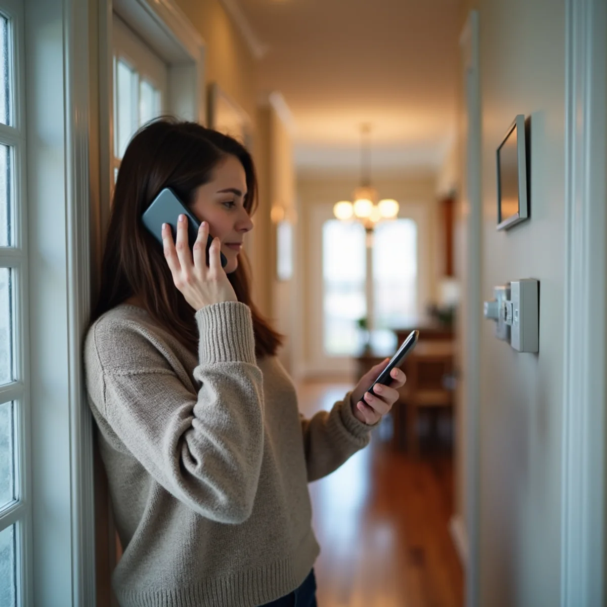 Homeowner calling for HVAC service from the hallway of a Blue Bell, PA home next to the wall thermostat