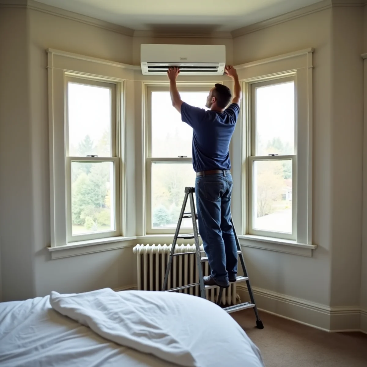Ductless mini-split head mounted above a cast iron radiator in an older twin home bedroom near Blue Bell, PA