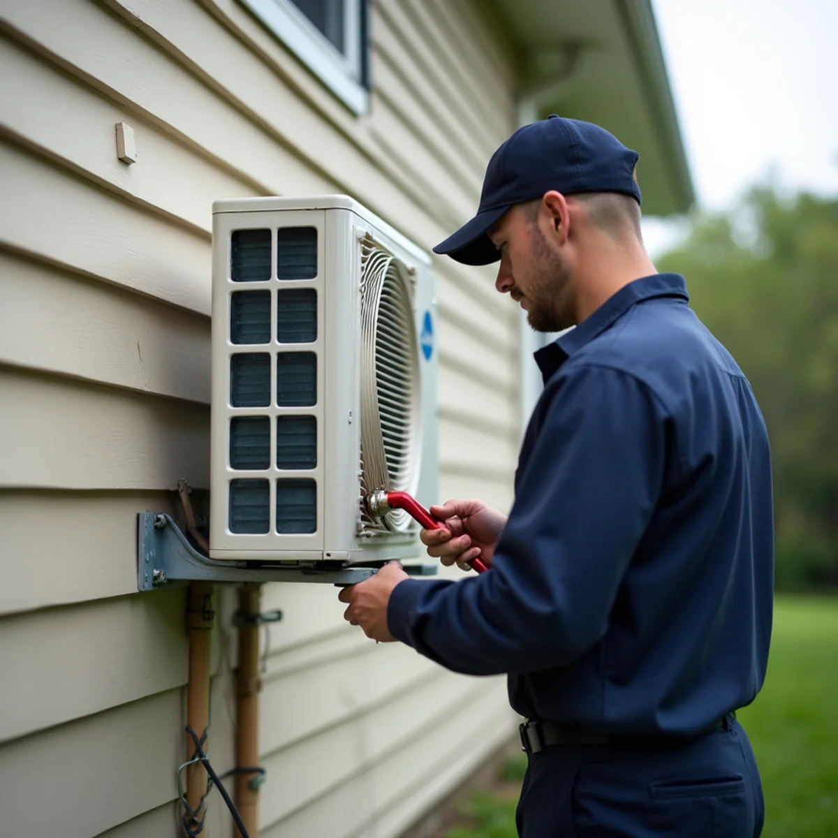 Technician checking a wall-mounted mini-split outdoor unit on the siding of a Blue Bell, PA home