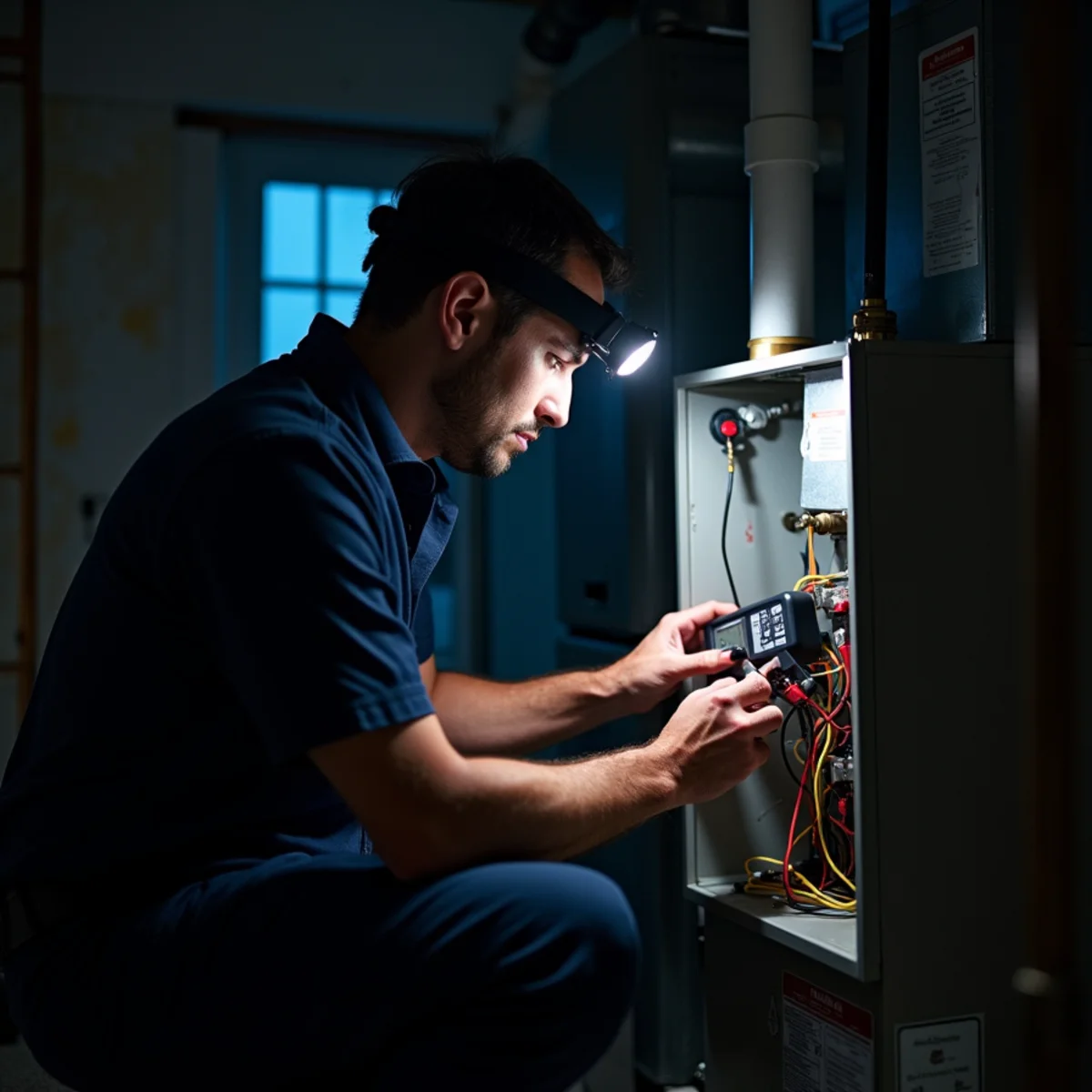 Technician diagnosing a gas furnace by headlamp on a winter night in a Blue Bell, PA basement