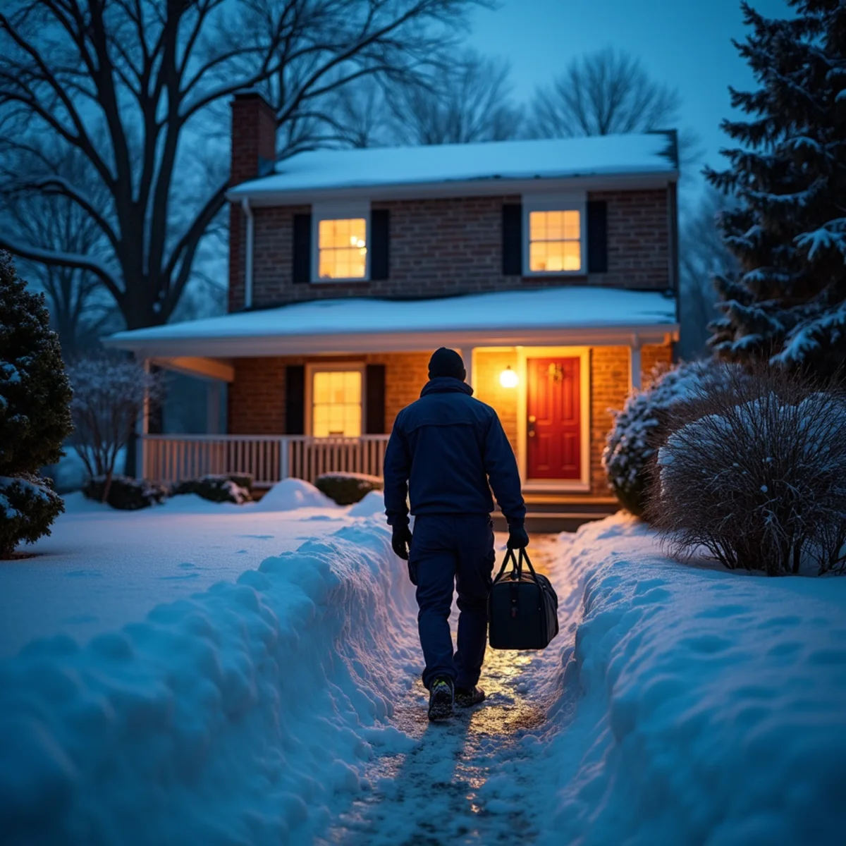 HVAC technician arriving at a snow-covered Blue Bell, PA colonial at night for a no-heat call