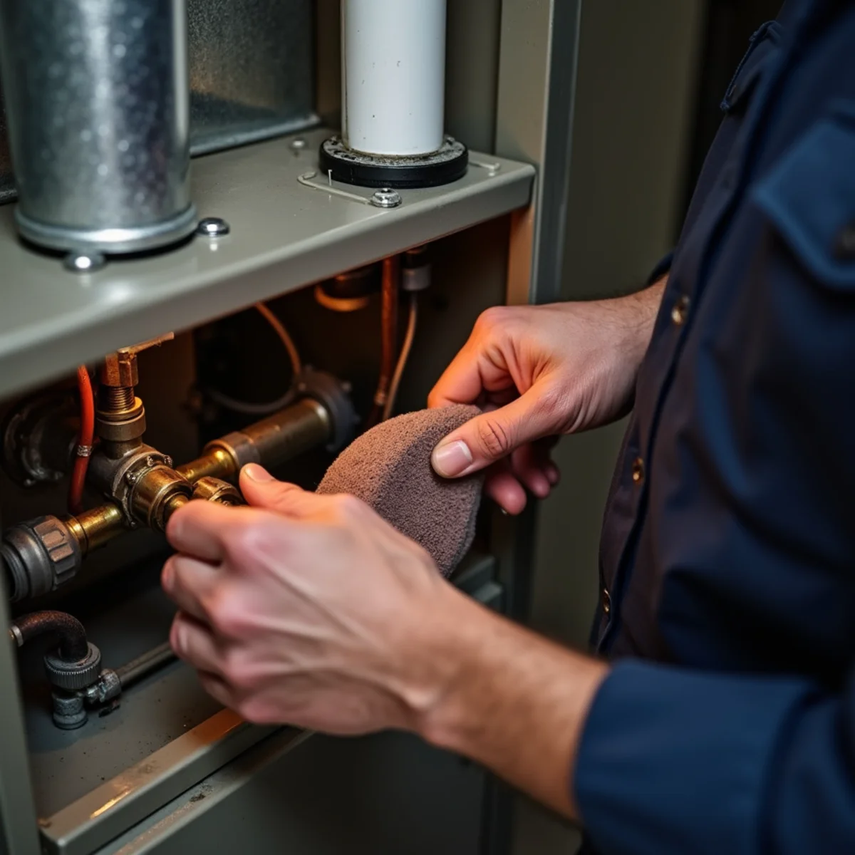 Technician cleaning a gas furnace flame sensor during a no-heat call in a Blue Bell, PA basement