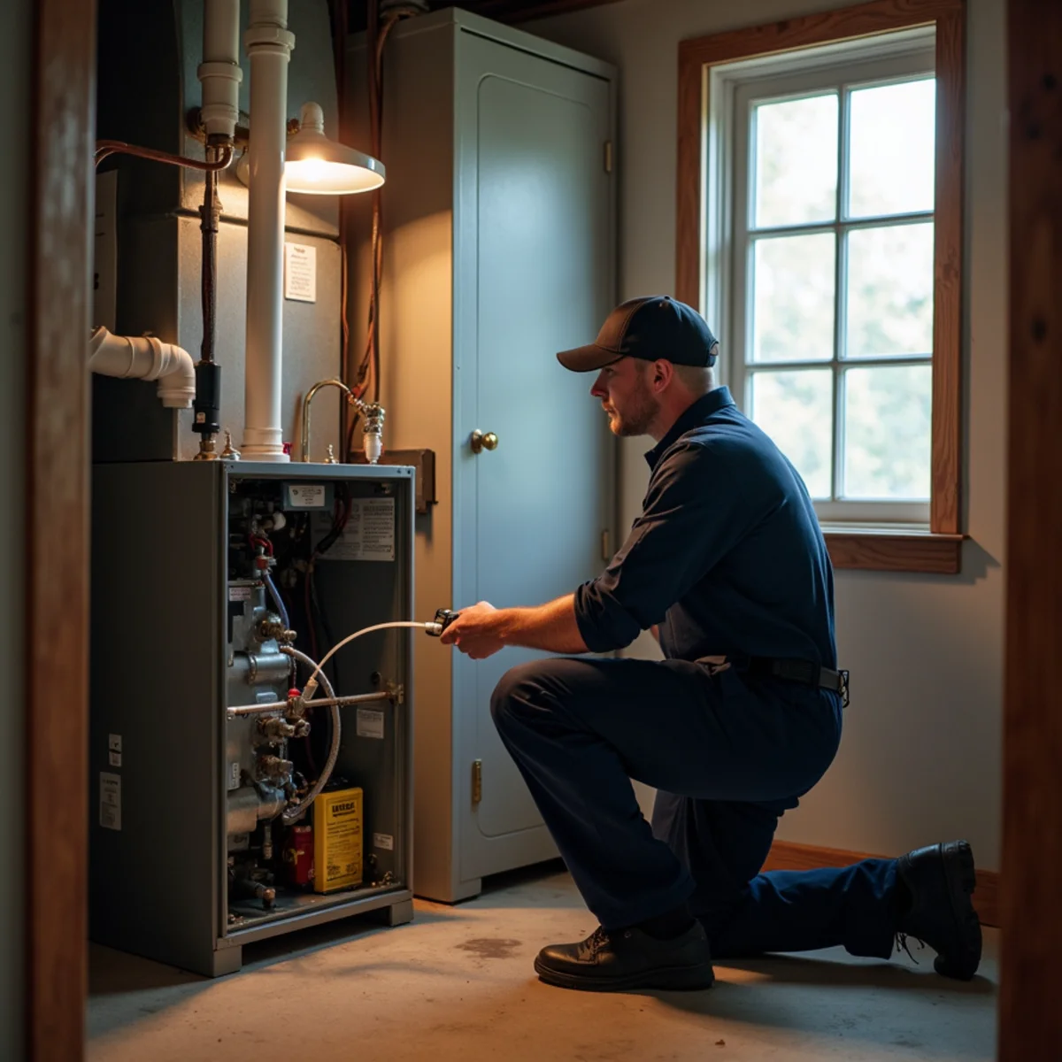 Technician servicing a gas furnace in the finished basement of a Blue Bell, PA home
