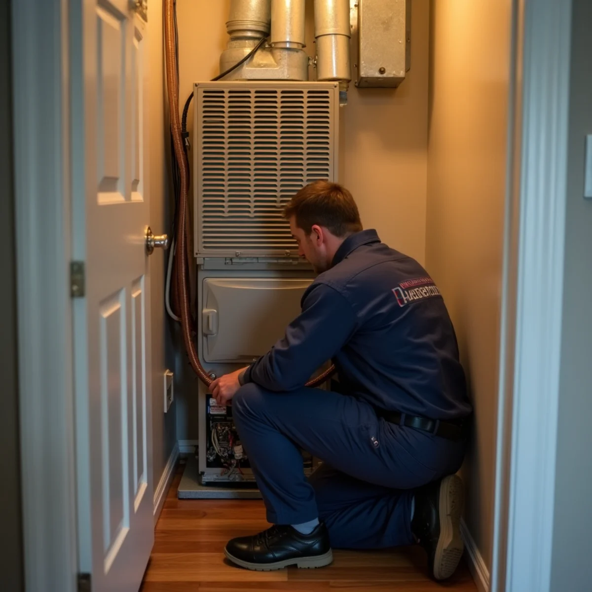 Technician servicing a closet air handler and heat strips in a Blue Bell, PA condo