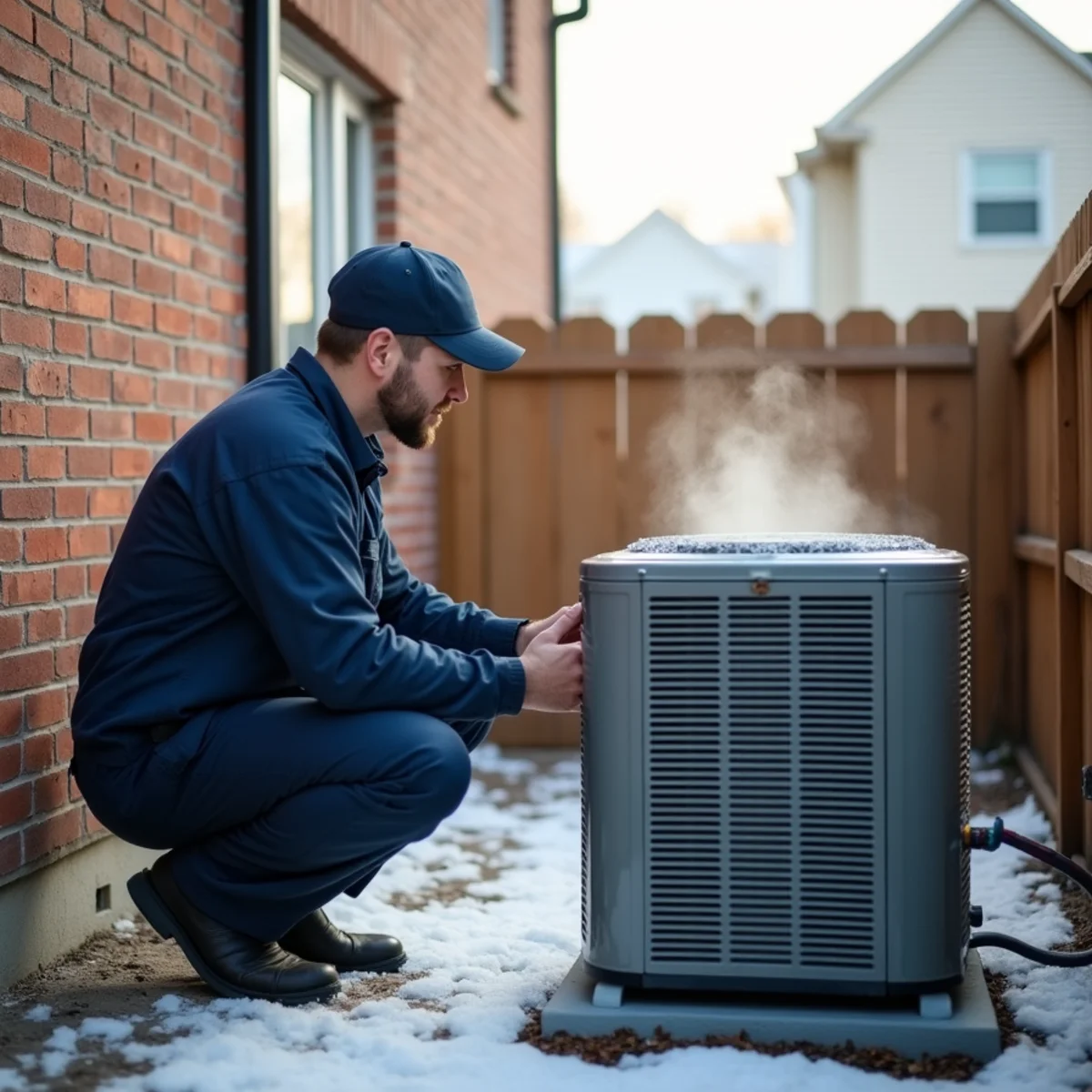 Technician checking a heat pump outdoor unit behind a Blue Bell, PA townhome on a frosty morning