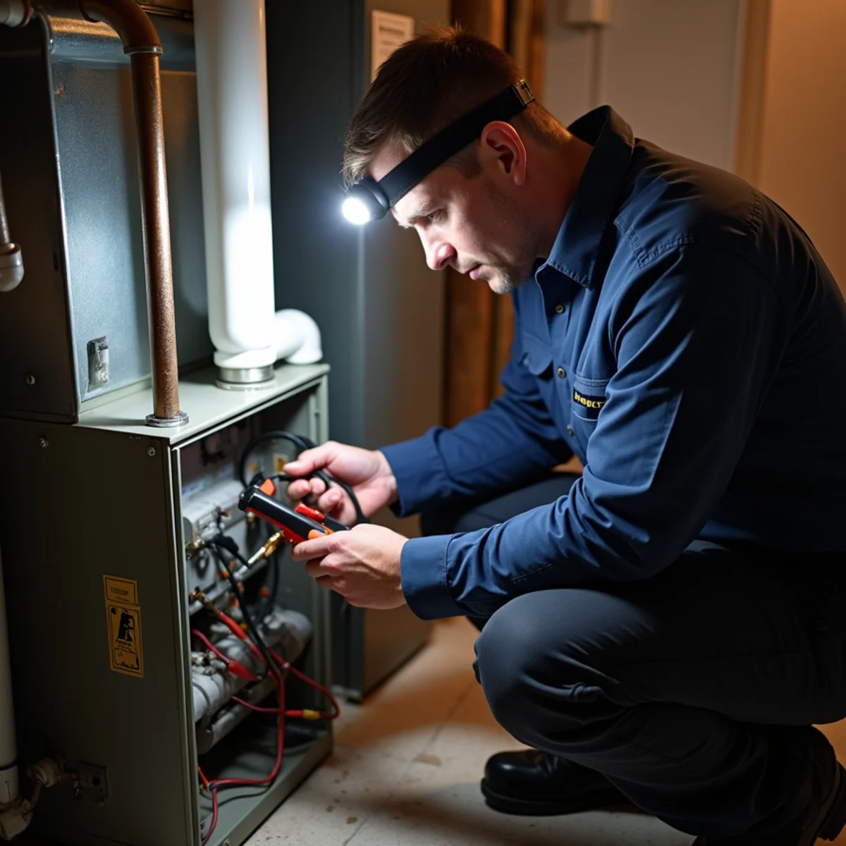 Technician inspecting a high-efficiency gas furnace with PVC venting in a Blue Bell, PA basement