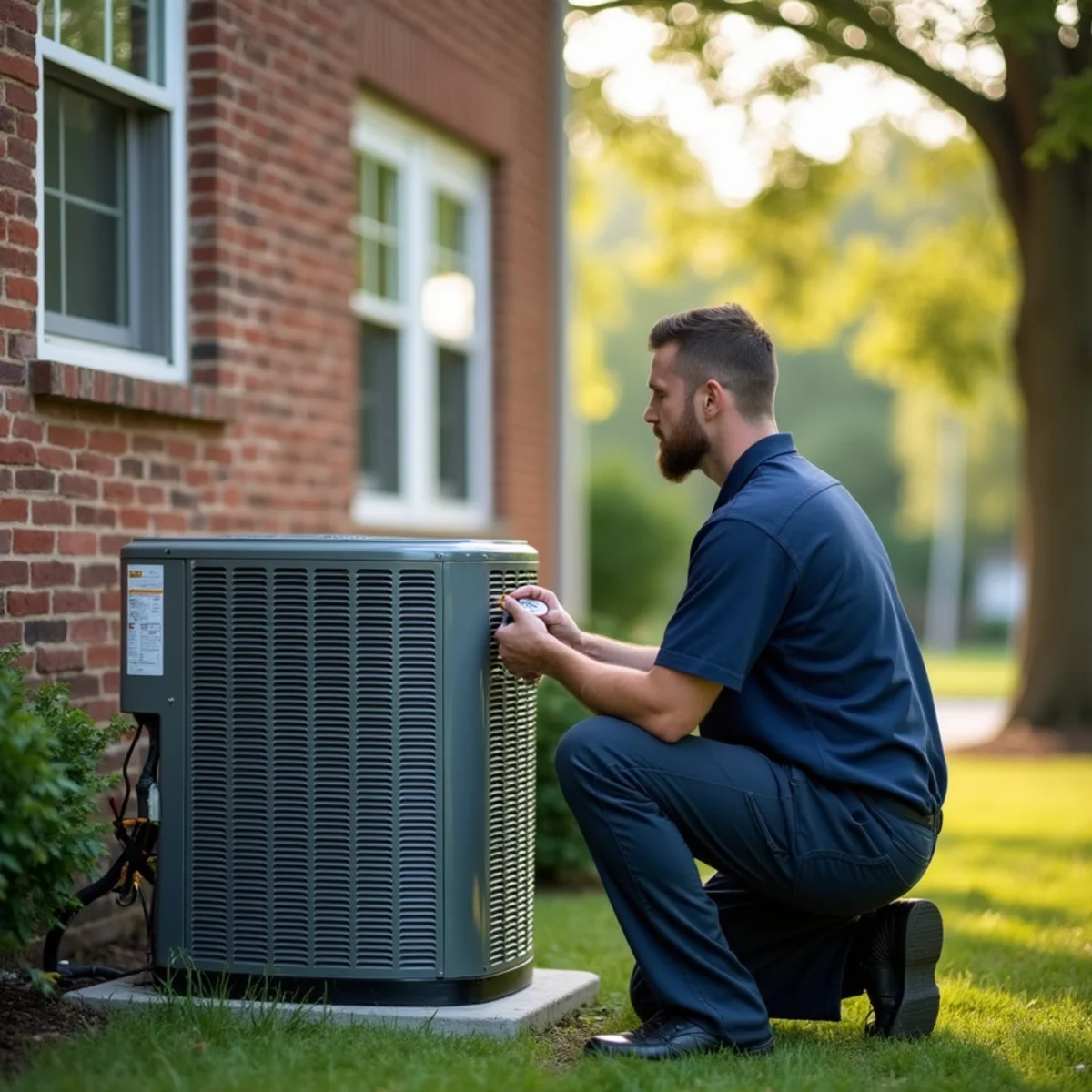 HVAC technician checking an outdoor air conditioner beside a brick colonial home in Blue Bell, PA