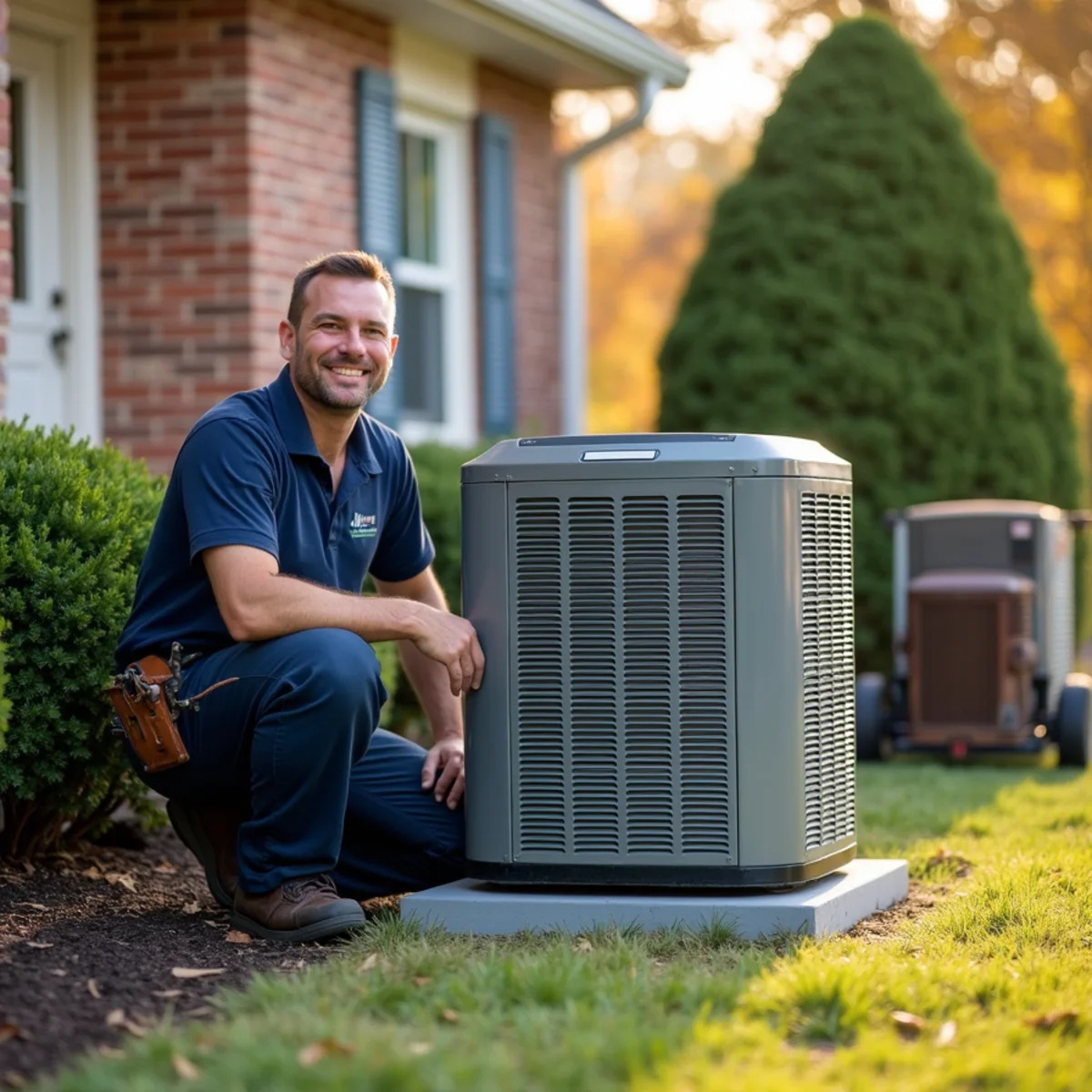 Installer beside a newly installed outdoor AC condenser at a brick-front colonial in Blue Bell, PA