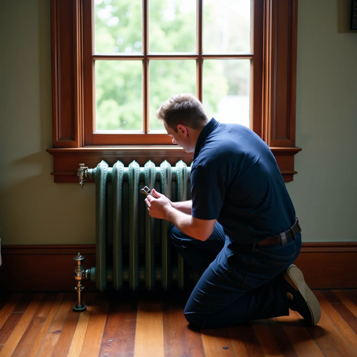 Technician bleeding a cast iron radiator under a tall window in a Victorian twin in Ambler, PA, a home with no ductwork