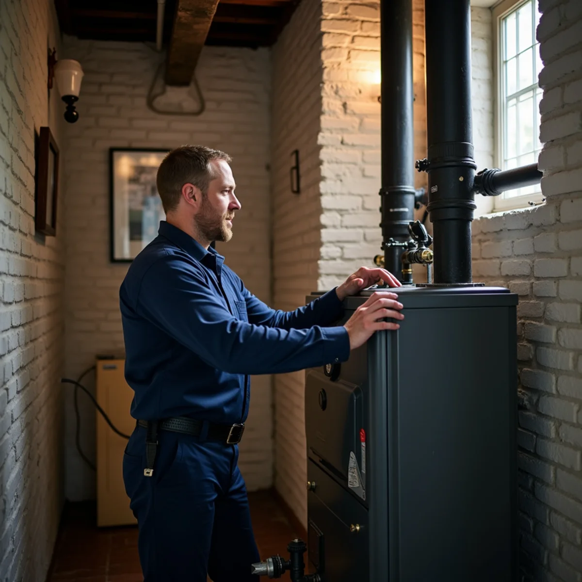 Technician checking the boiler in the basement of an older Ambler, PA twin