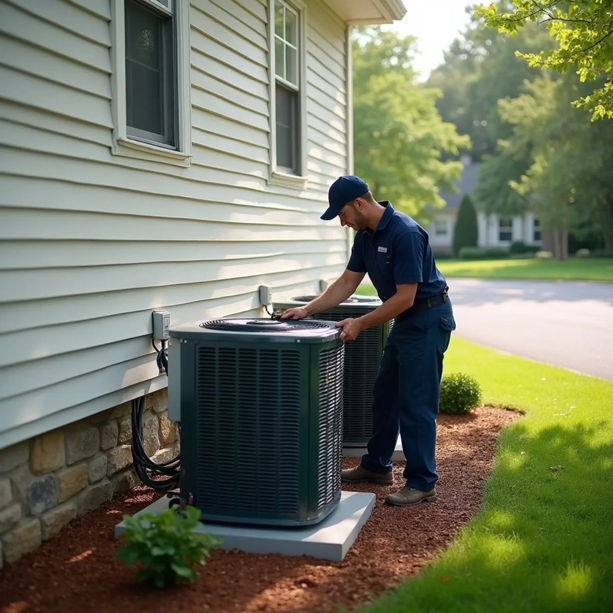 Two outdoor AC condensers beside a 2000s two-story home in a Collegeville, PA subdivision