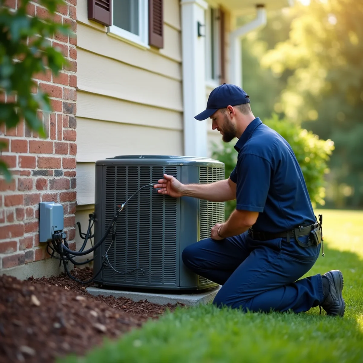 Technician inspecting an outdoor AC condenser beside a 2000s brick-front colonial in Collegeville, PA