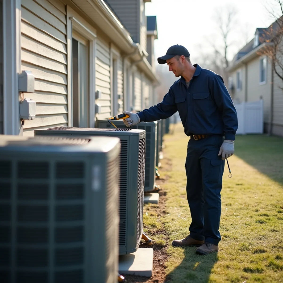 Row of outdoor heat pump units behind 1990s townhomes in West Whiteland Township near Exton, PA