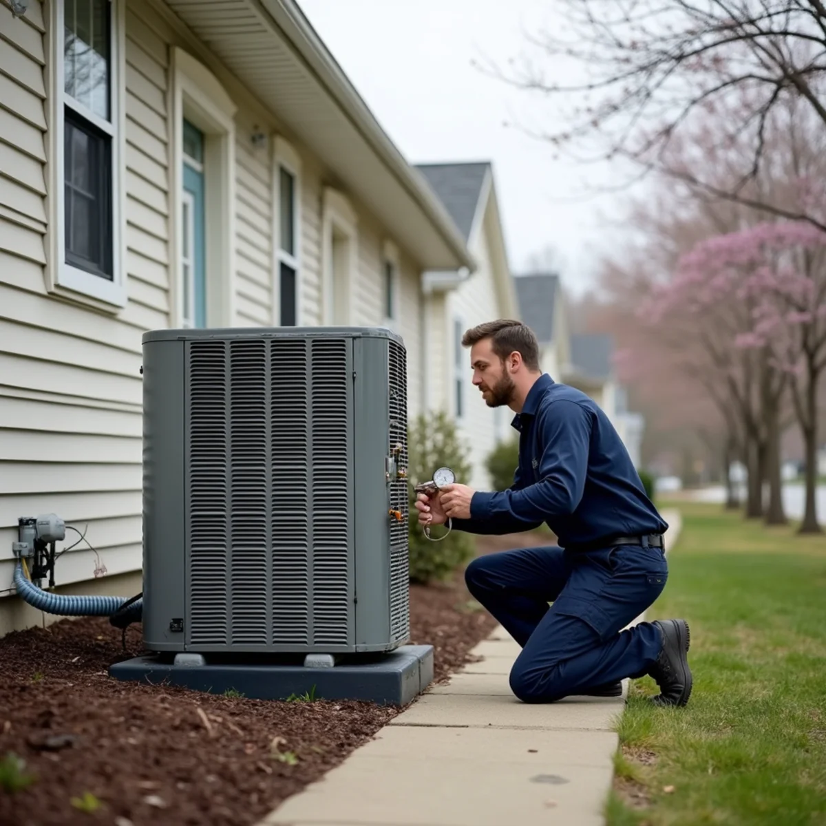 Technician servicing a heat pump outdoor unit beside a 1980s townhome row in Exton, PA