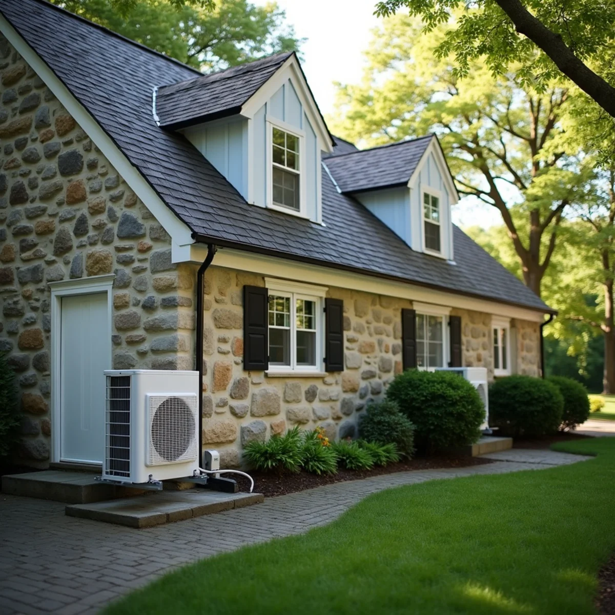 Stone home near Keswick Avenue in Glenside, PA with a ductless mini-split outdoor unit beside the front walk