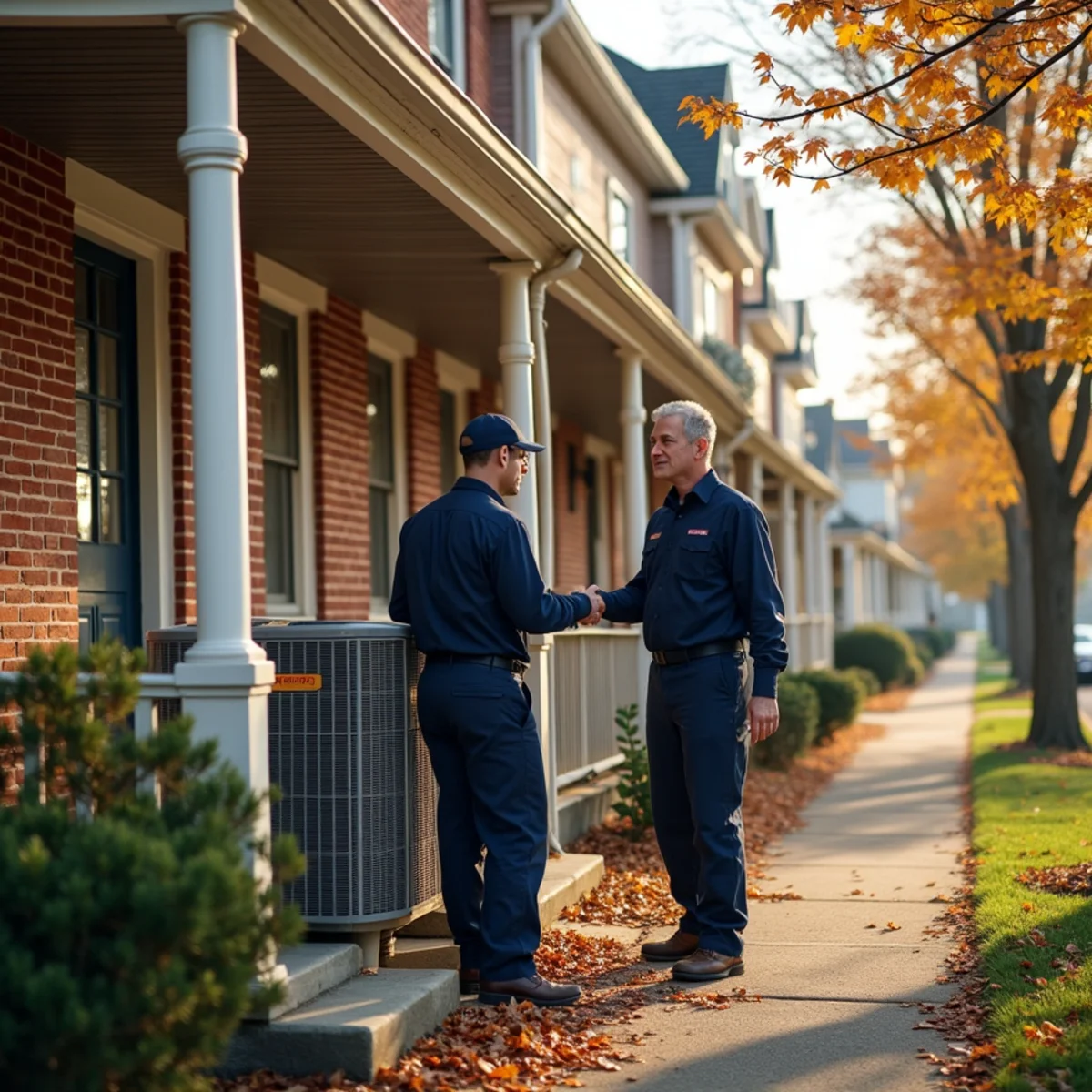 HVAC technicians on the porch of early-1900s twin homes on a tree-lined street in Lansdale, PA