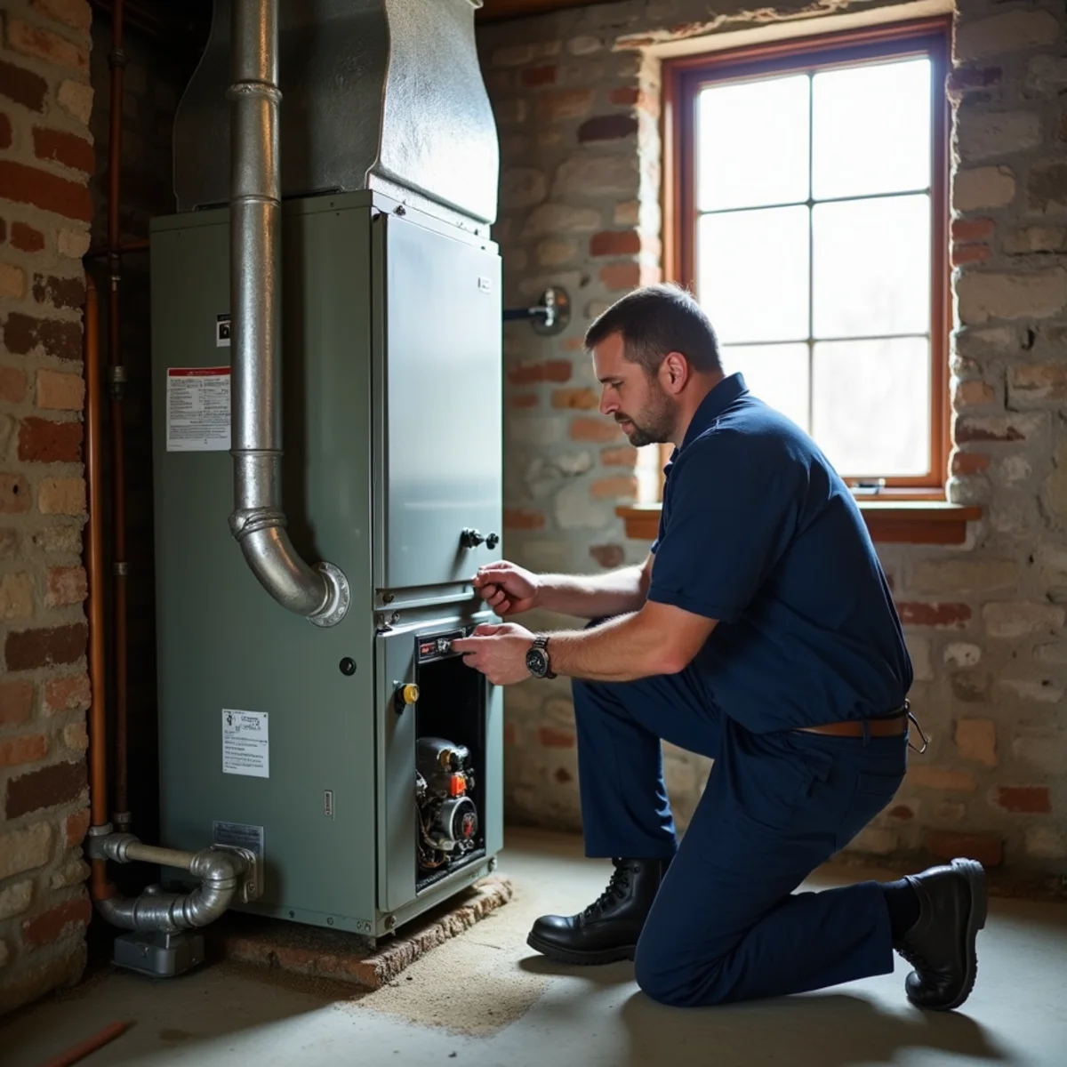 Technician servicing a gas furnace in the basement of an early-1900s brick twin home in Lansdale, PA