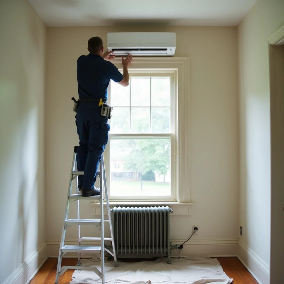 Technician mounting a ductless mini-split head above a radiator in a Victorian twin in Media, PA