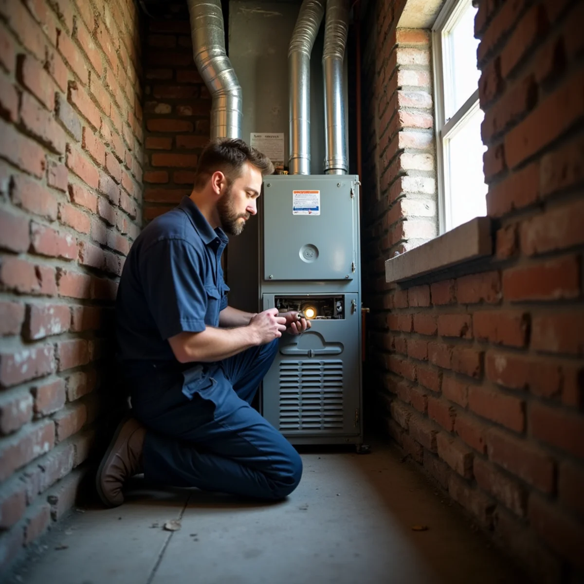 HVAC technician servicing a gas furnace in the basement of a brick rowhome in Norristown, PA