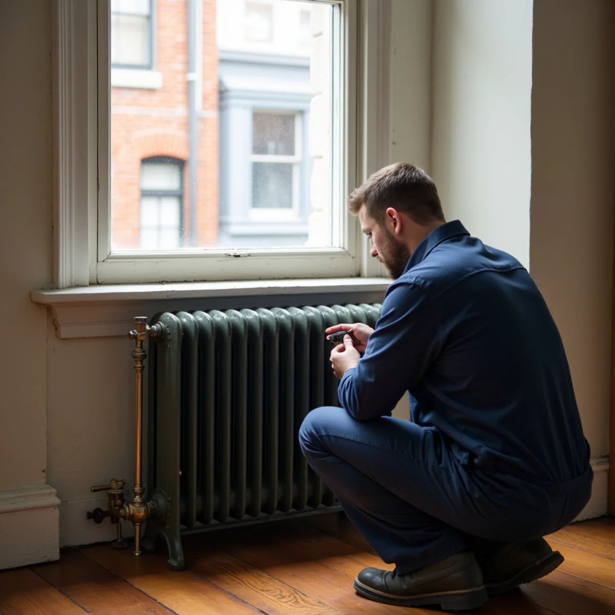 Technician checking a cast iron radiator in a 19th-century brick rowhome in Phoenixville, PA