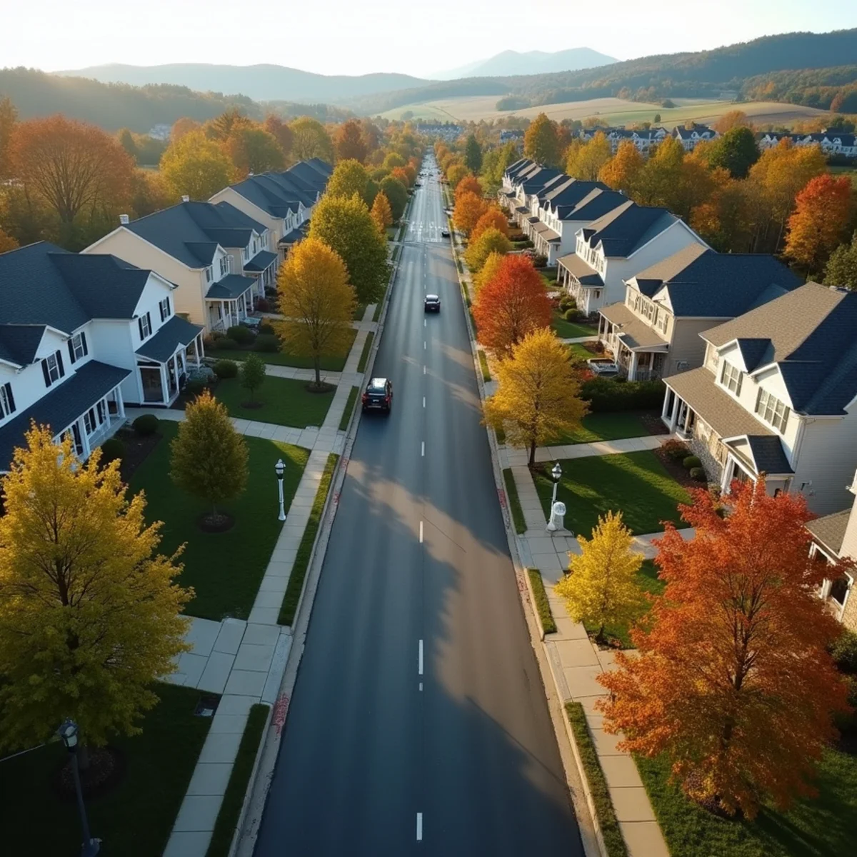 Aerial view of tree-lined Montgomery County, PA neighborhoods around Blue Bell in early autumn
